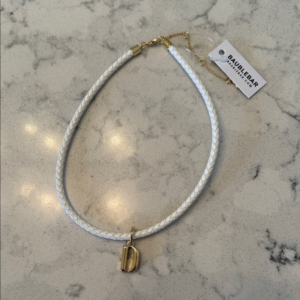 BaubleBar White Braided Necklace with Gold Initial Pendant